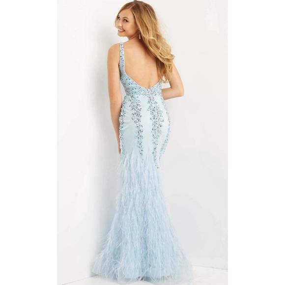 NEW JOVANI feather gown in baby blue - Picture 3 of 3